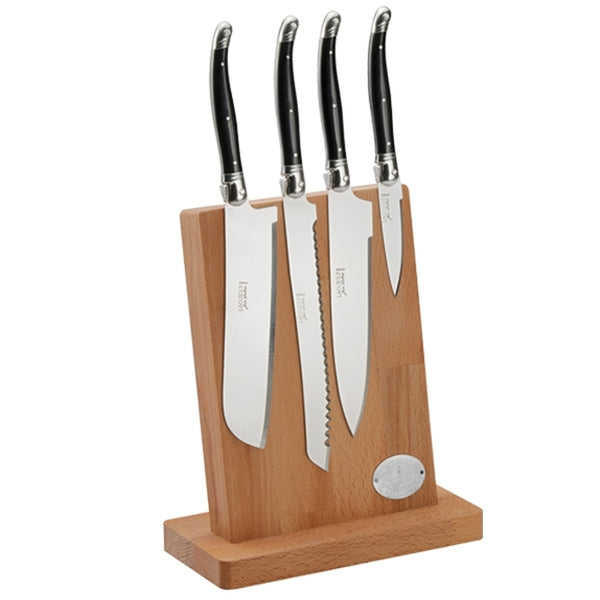 Jean Dubost 4 Piece Kitchen Knife Set with Black Handles on Magnetic Block